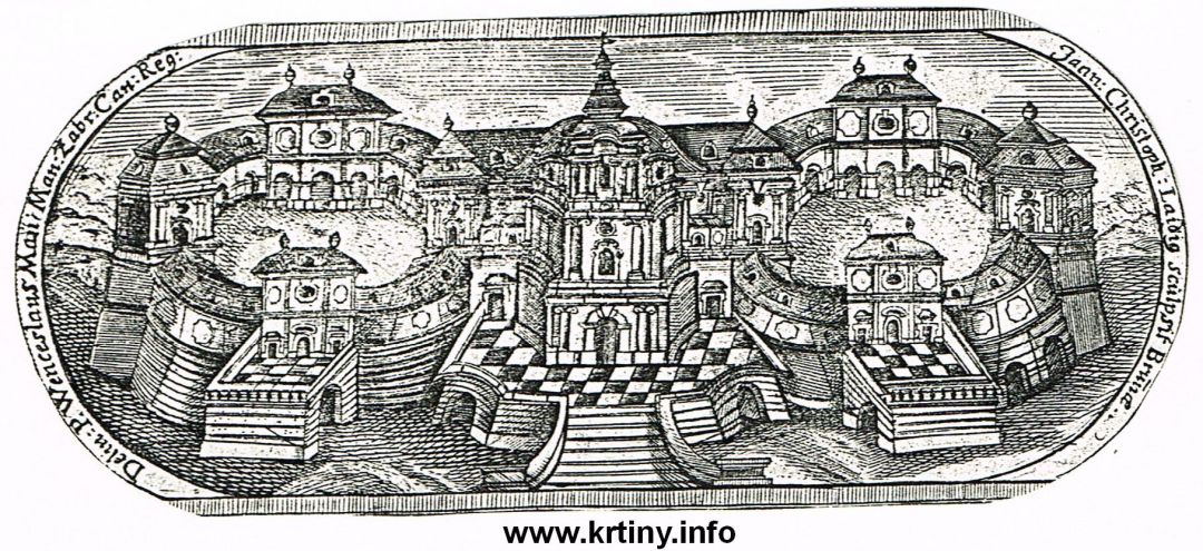 Křtinský chrám s jednou věží. Rytina J.C.Laidiga okolo roku 1738.